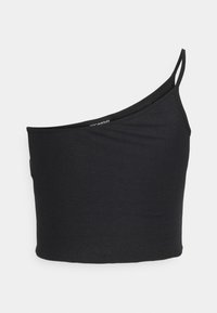 Svart ribbad crop top med en axelrem, med en rak halsringning och en figurnära, slät textur.