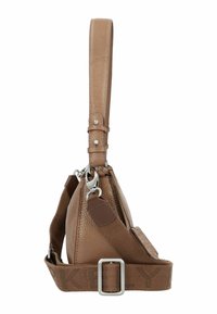 Borsa a spalla in pelle marrone con finitura testurizzata, dotata di una tracolla staccabile, hardware in argento e un'accenno con motivo a logo sulla tracolla.