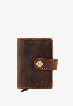 Braunem Lederportemonnaie mit strukturierter Oberfläche, einem Druckverschluss mit einem goldenen Logo-Akzent und kontrastierenden Nähten entlang der Kanten.