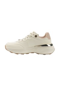 White leather sneakers with a textured finish, gold hardware accents, and a beige heel tab. Features a chunky sole for added height.