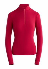 Rød pullover-top med høj krave, lynlås foran og lange ærmer. Materialet virker glat med minimal syningsdetalje.