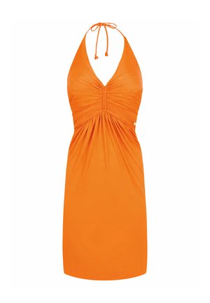 Jasno pomarańczowa sukienka na szyję z marszczonym biustem, plecionymi troczkami i dopasowaną talią, o długości do kolan, wykonana z gładkiej tkaniny.