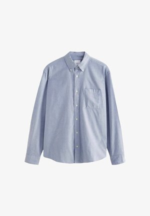 Jasnoniebieska koszula z długim rękawem z bawełny, z kołnierzykiem zapinanym na guziki, sześcioma guzikami oraz kieszenią na piersi o miękkiej teksturze.