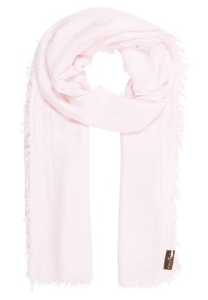 Lichtroze rechthoekige sjaal met franjes aan de randen en een klein bruin merkje aan één uiteinde.