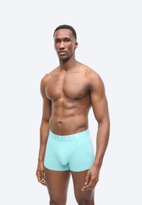 Μυώδης άνδρας όρθιος, φοράει ανοιχτό μπλε boxer briefs Tommy Hilfiger, ουδέτερη έκφραση, απλό ανοιχτό φόντο.