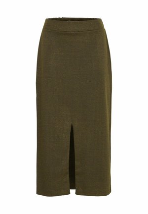 Gonna a matita verde oliva realizzata in tessuto texturizzato con motivo a spina di pesce, dotata di uno spacco frontale e una vita aderente.