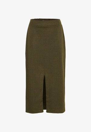 Olive roheline pliiatsiseelik, mis on valmistatud struktuurse kangaga, millel on kalakee muster, esiosa lõhe ja kitsas vöökoht.