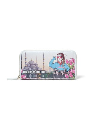 Weißes Lederportemonnaie mit dem Skyline von Istanbul, illustrierten Charakter, rosa Tulpen und dem Text "Braccialini Istanbul". Mit Reißverschluss und goldfarbenen Beschlägen.