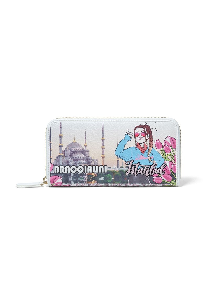 Witte lederen portemonnee met het skyline van Istanbul, een geïllustreerd figuur, roze tulpen en de tekst "Braccialini Istanbul". Ritssluiting en gouden accenten.