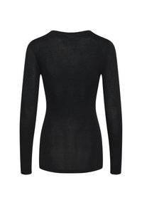 Top lungo nero a maniche, con design aderente, dotato di scollo rotondo e texture trasparente. Semplice, senza fantasie o dettagli hardware.