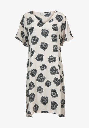 Robe à manches courtes et décolleté en V, fabriquée en tissu léger, avec un fond crème et des imprimés floraux noirs. Coupe ample et longueur genou.