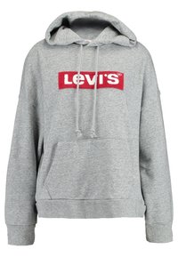 Felpa grigia con cappuccio in misto cotone con tasca frontale. Presenta una toppa rossa con il logo Levi's sul petto e lacci per la regolazione del cappuccio.