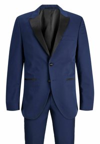Giacca da smoking blu navy con rever a punta in raso nero, due bottoni neri e pantaloni abbinati blu navy.