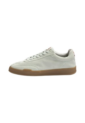 Low-top light gray suede sneaker with gum rubber sole, lace-up front, and brand name "LLOYD" embossed near sole.