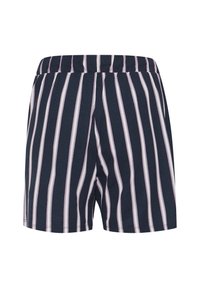 Shorts bleu marine avec des rayures verticales blanches et rose clair et une ceinture élastique, vus de face sur un fond blanc.