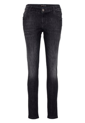 Schwarze Denim-Skinny-Jeans mit einem gewaschenen Look, fünf Taschen, Gürtelschlaufen und einem Knopfverschluss an der Taille. Glatte Textur, taillierte Passform.