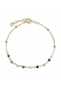 Złota bransoletka na łańcuszku z ośmioma wielokolorowymi, fasetowanymi koralikami w różnych odcieniach, z zapięciem typu lobster i regulowaną długością.