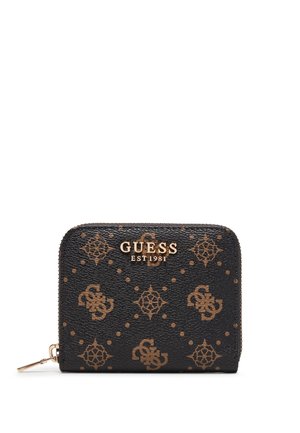Portafoglio nero con cerniera a tutto giro, motivo logo Guess marrone e scritta dorata "GUESS EST 1981" su materiale testurizzato.