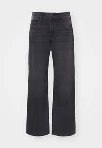 Jeans de mezclilla oscura de pierna amplia con cintura alta, cierre de botón y diseño de cinco bolsillos, que presentan una textura uniforme y un color oscuro en todo su tejido.