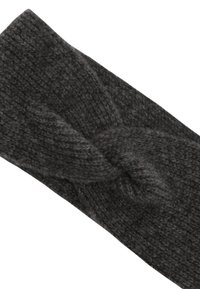 Knit headband in dark gray with a twisted design at the front, showing a textured, soft finish suitable for warmth and comfort.