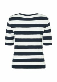 Navy and white striped short-sleeve top, featuring a ribbed neckline and cuffs, with a relaxed fit and smooth texture.