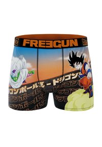 Boxers noirs et orange mettant en avant des personnages de Dragon Ball. Tissu lisse, taille élastique, impressions colorées et motif de nuages.