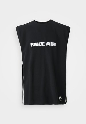 Sort ærmeløs Nike Air skjorte med hvidt logo-tekst centreret på brystet og lille sort Nike Air mærke nær bunden.