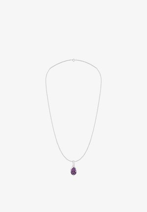 Sudraba ķēdīte ar krāsainu maigā violeta pērļu formas dārgakmens piekariņu ar savītu metāla akcentu. Ķēdītei ir aizdares slēdzene.