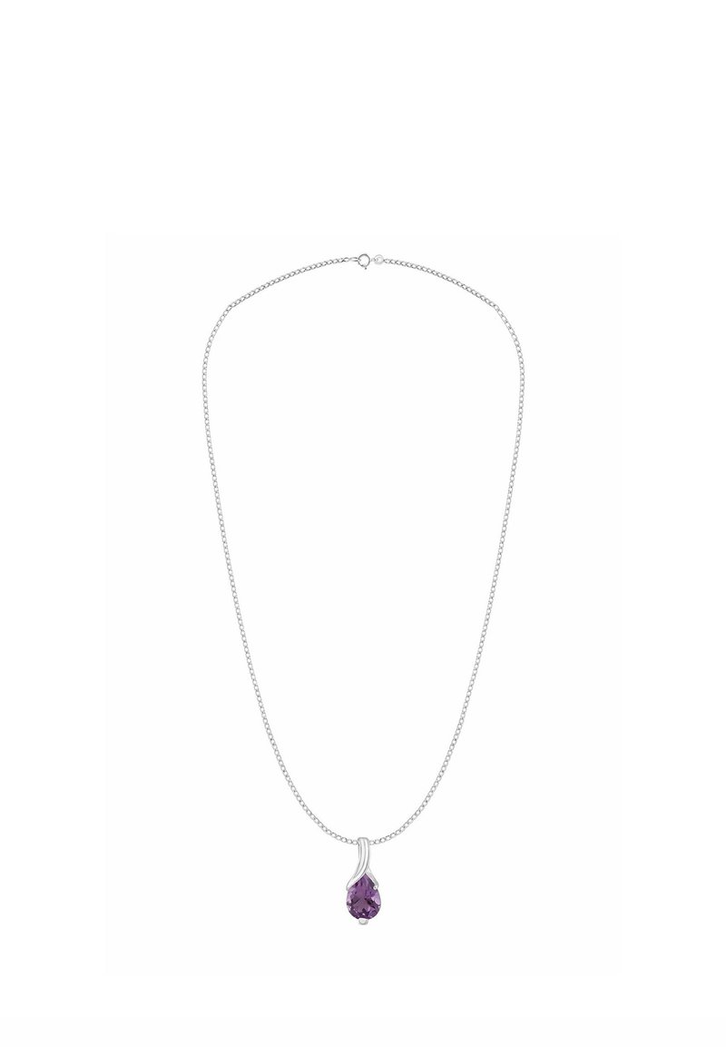 Strieborný náhrdelník s príveskom tvaru hruškovitého fialového drahokamu s krúteným kovovým detailom. Náhrdelník má zapínanie na sponu.