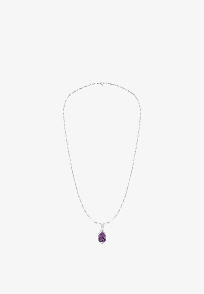Strieborný náhrdelník s príveskom tvaru hruškovitého fialového drahokamu s krúteným kovovým detailom. Náhrdelník má zapínanie na sponu.