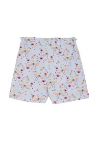Blommigt mönstrade shorts med en ljusblå bakgrund, med design av trollsländor och blommor, elastisk midja och mjuk tygkänsla.