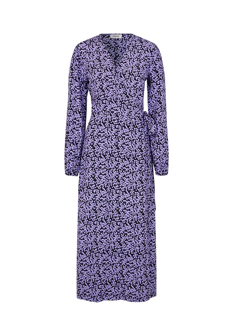 Garšs, apsējušais kleitas dizains purpursarkanā un melnā krāsā ar ziedu rakstu. Iespējas: V-veida dekoltē, garas piedurknes un josta viduklī. Gluda auduma tekstūra.