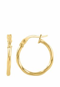 Zlaté n�áušnice kruhy s krúteným dizajnom, vybavené bezpečným zatváraním na háčik a hladkou, lesklou textúrou.