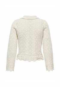 Cardigan blanc tricoté court avec un motif texturé en maille torsadée, ourlet festonné, et manches longues avec des détails en maille ajourée.