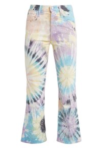 Flared jeans van katoen met een tie-dye patroon in pasteltinten, met schakeringen van blauw, roze, paars en zwart.