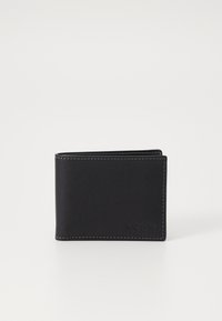 Sort læderpung med en glat tekstur, foldet design, synlige stikninger og præget logo på forsiden. Mål cirka 10x7,5 cm.