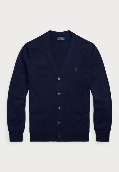 Navy blue sweater cardigan made of soft knit fabric, featuring a V-neck, five front buttons, two front pockets, and a small logo on the chest.