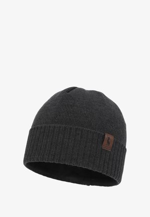 Dark gray knitted beanie with a ribbed cuff and a small brown leather tag featuring a goat design. Soft texture, fitted shape.