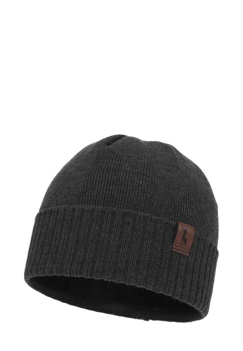 Donkergrijze gebreide muts met een geribbelde boord en een klein bruin leren label met een geitontwerp. Zachte textuur, aansluitende pasvorm.