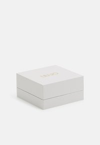 White cardboard box with a smooth texture, featuring a gold embossed logo on the top, square shape, and a two-part hinged design.