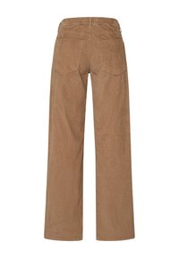 Pantalon large en velours côtelé marron avec une taille élastique, dotés de deux poches arrière et d'une finition douce et texturée.