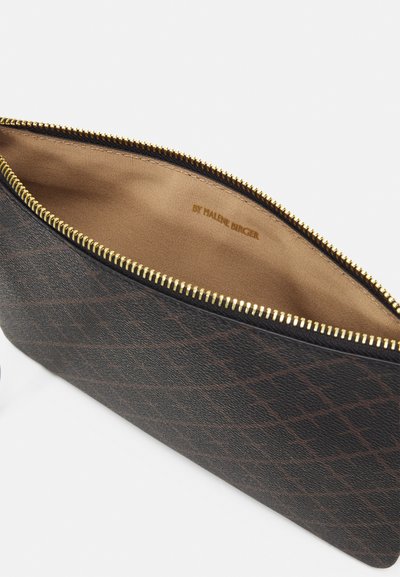 Brown patterned pouch with smooth textured exterior, gold zipper, and a tan interior lining displaying brand name.