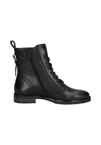 Schwarze Leder-Ankle-Boots mit runder Zehenpartie, Schnürverschluss vorne, seitlichem Reißverschluss und dekorativem Stich entlang der Seiten. Solide Gummisohle.