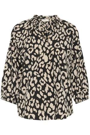 Mustmust ja beež leopardimustriga pluus, kogutud kaelusega, kolmeveerandsleeved ja lõdva lõikega. Pehme kangas, millel on kerge läige.