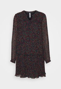 Vestido oscuro de manga larga con un patrón floral en rojo, verde y amarillo. Presenta un escote en V y detalles fruncidos en los hombros y la cintura.