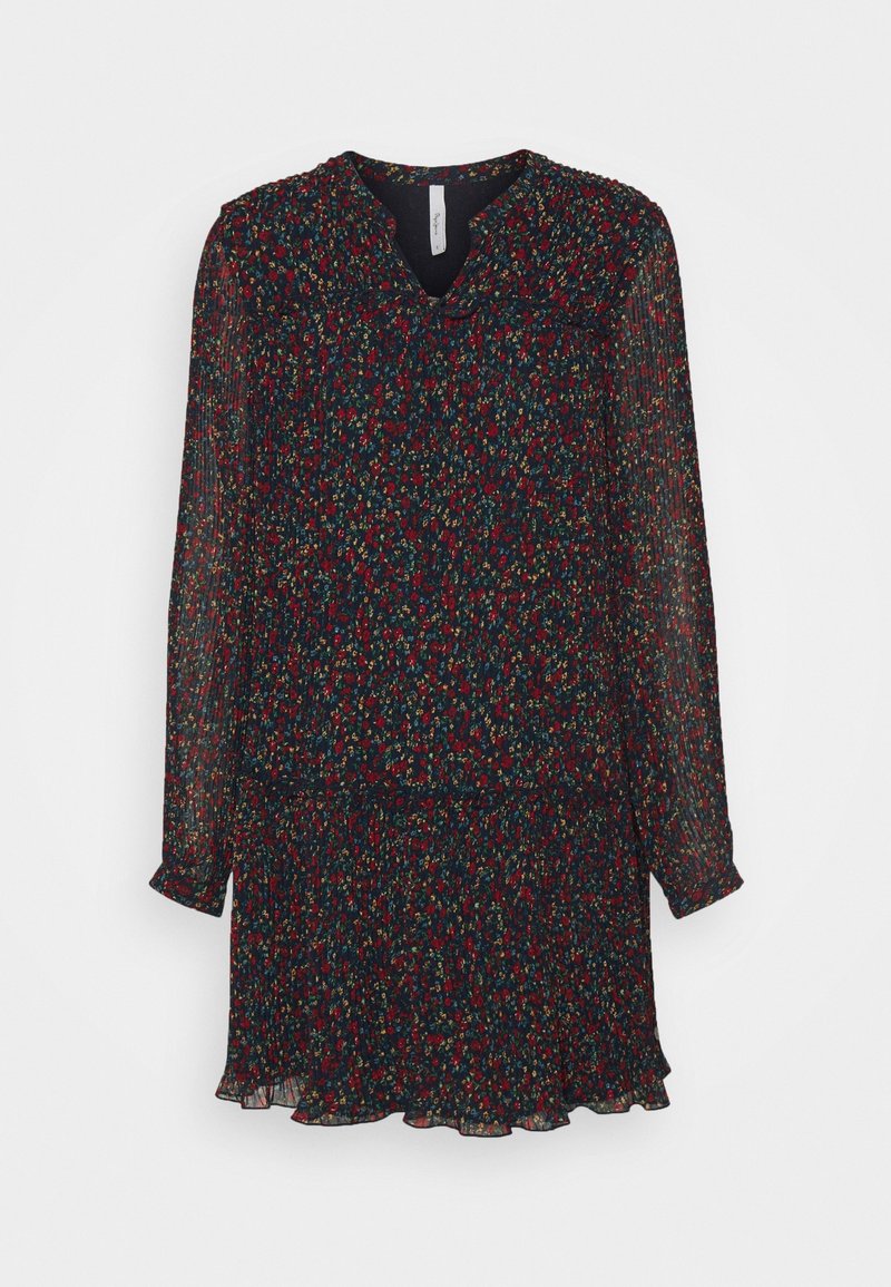 Vestido oscuro de manga larga con un patrón floral en rojo, verde y amarillo. Presenta un escote en V y detalles fruncidos en los hombros y la cintura.
