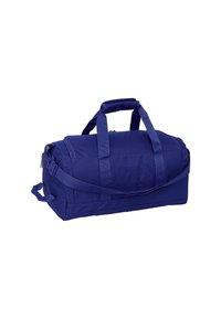 Niebieska prostokątna torba sportowa z podwójnymi uchwytami, regulowanym paskiem na ramię i zamykanymi przegrodami na białym tle.