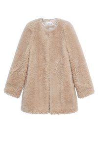 Faux fur frakke i lys beige, med rund hals, lange ærmer og åben frontdesign med en blød, struktureret finish.