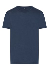 T-shirt blu navy a maniche corte con collo rotondo, realizzato in tessuto morbido, con una sottile texture e un taglio dritto sull'orlo.