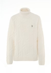 Maglione a collo alto in maglia cable color crema con polsini e orlo a coste, che presenta un piccolo logo ricamato sul petto.